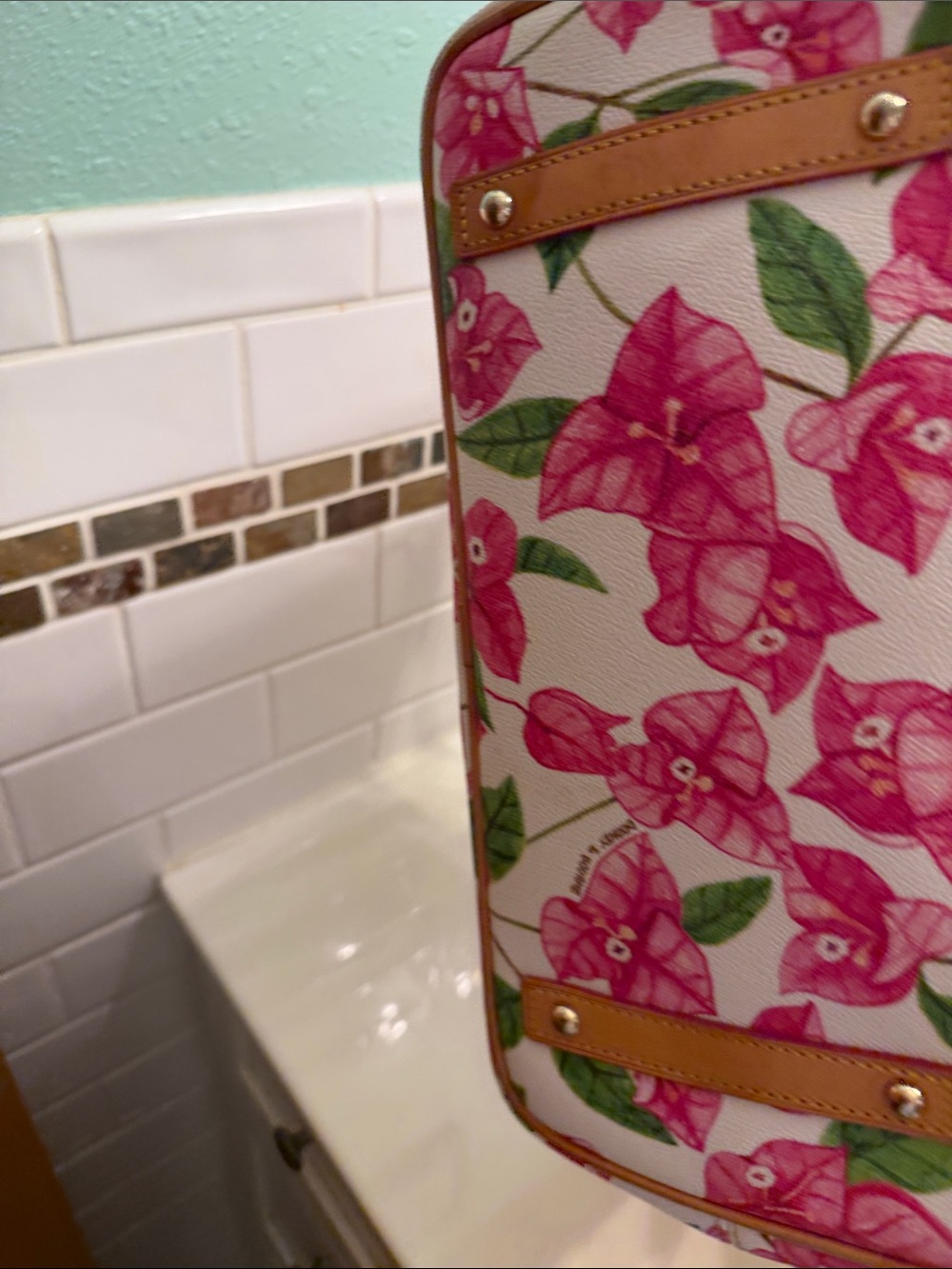 Dooney & Bourke Pink Floral LeatherTote with Tan Straps - Picture 7 of 12
